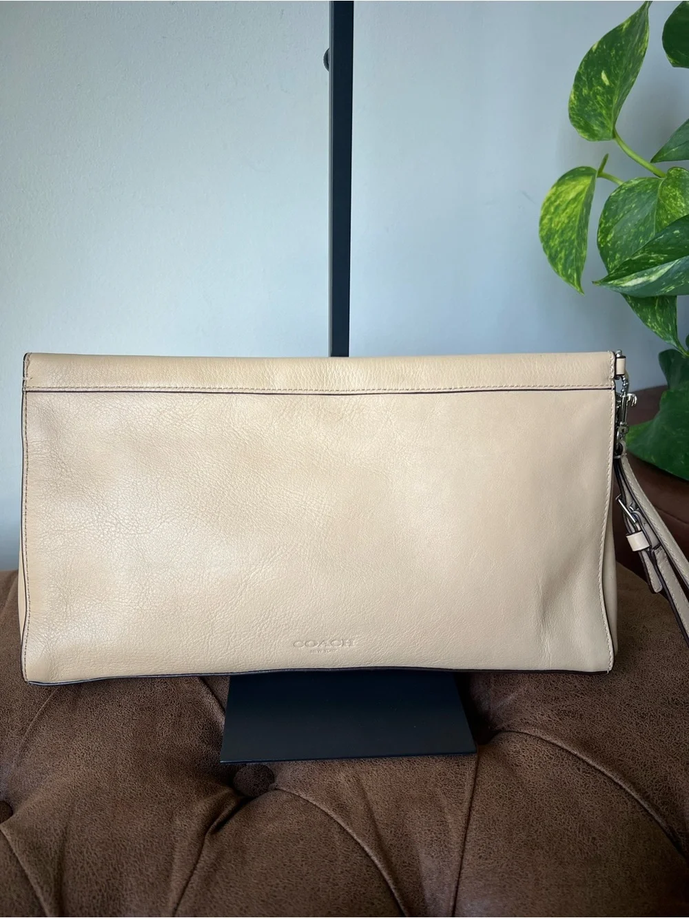 Coach Bleecker Perforated Leather in Beige Wristlet Clutch